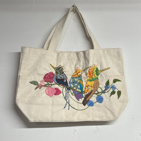 Handbags - Hand Stitched Crewel Embroidery Hummingbird Birds Tote Bag Tan Canvas 13.5 x 9.5